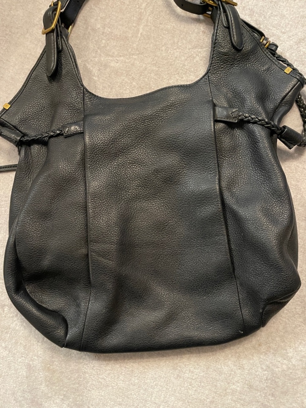 Elliott Lucca Black Pebbled Leather Slouchy Hobo Bag Braided Tassel Boho - Picture 10 of 16
